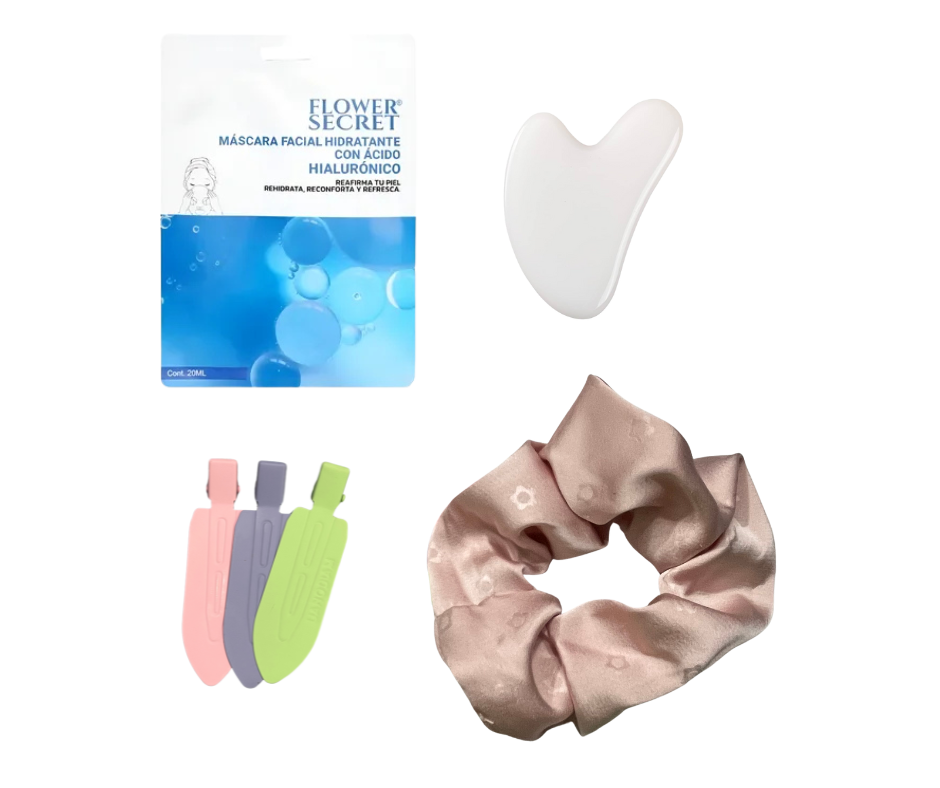 Guasha para yoga facial + 1 mascarilla + 1 pack triple ganchitos skincare + 1 scrunchie de satín